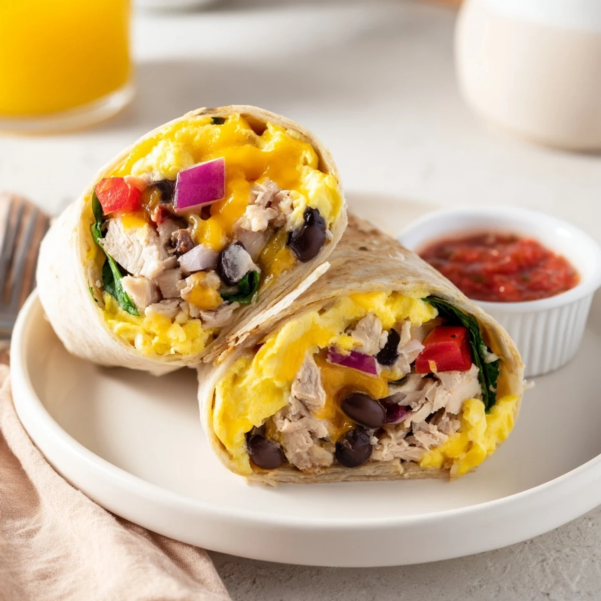 Protein Breakfast Burrito with melted cheddar, turkey, spinach, and warm tortilla.