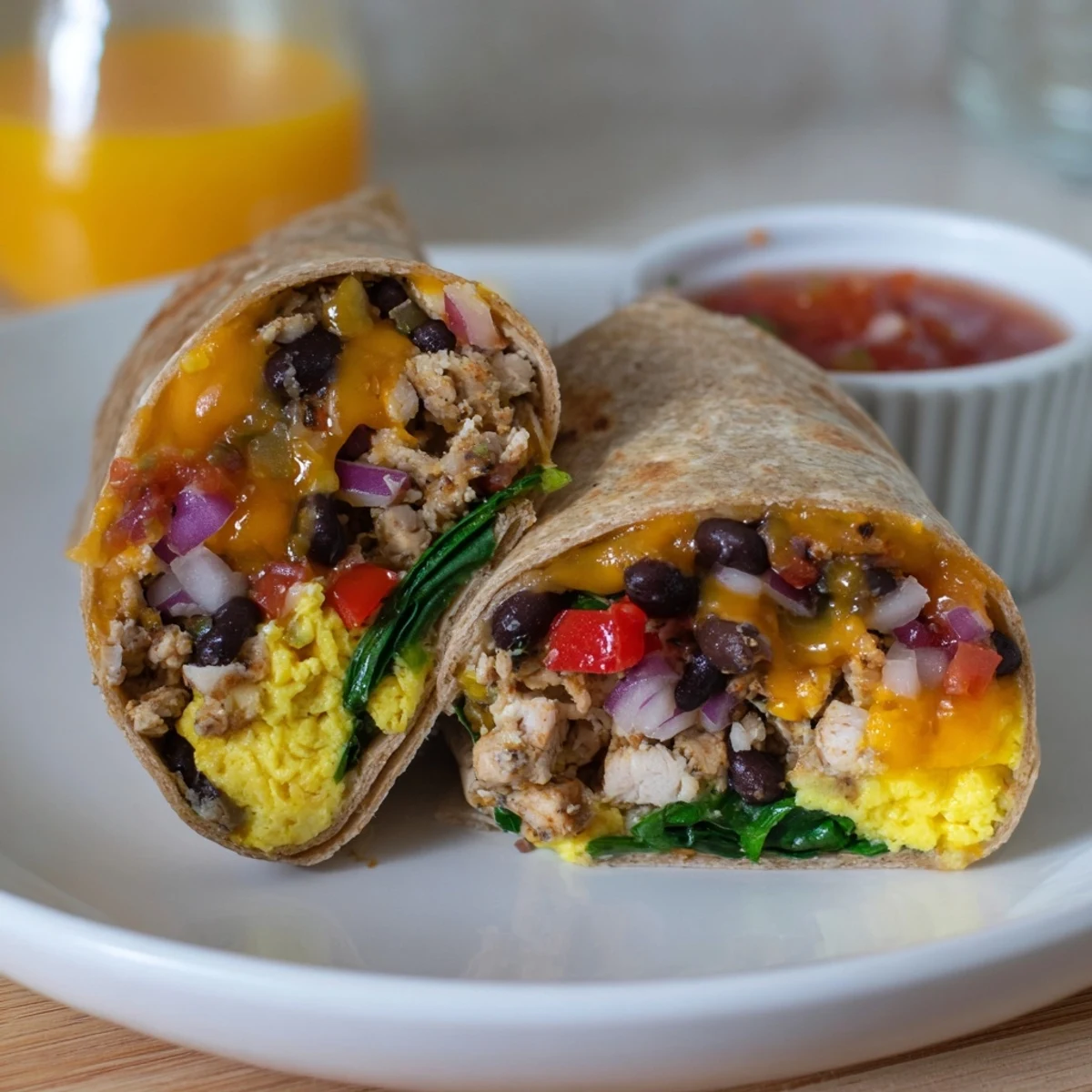 Skillet-scrambled Protein Breakfast Burrito with oozing cheesy eggs and bell pepper aroma.