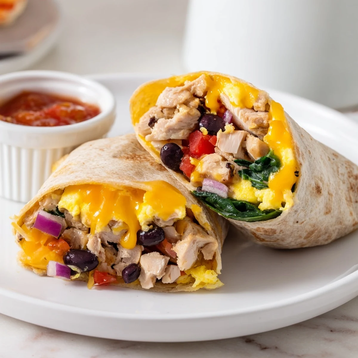 Folded Protein Breakfast Burrito served with bright salsa and creamy avocado.