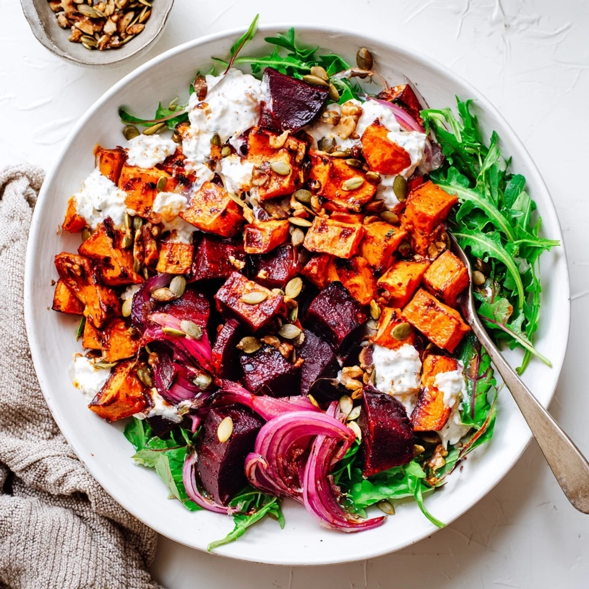 Creamy Roasted Beet Salad With Sweet Potato Feta, vibrant beets and luscious yogurt dressing.