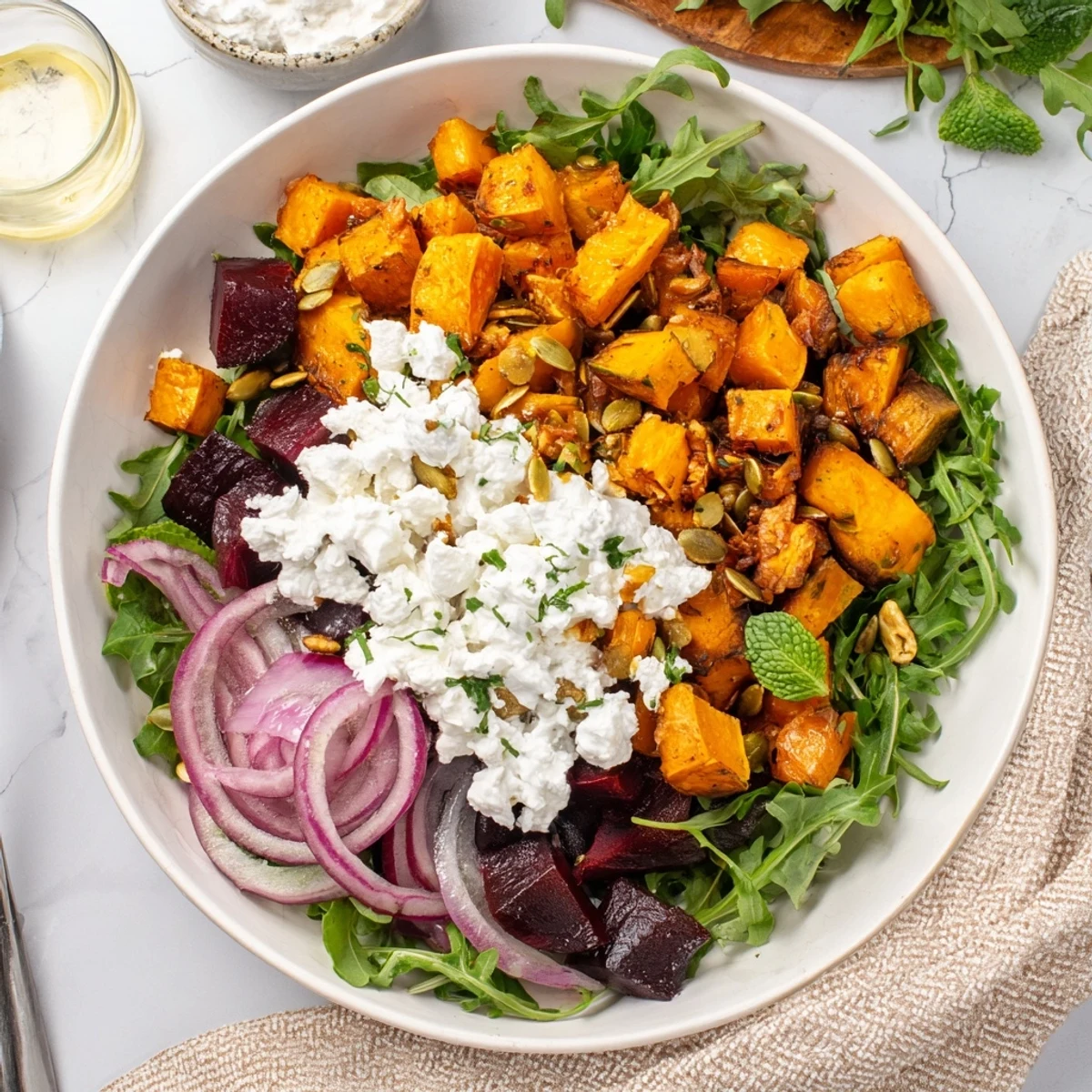 Toasted pumpkin seeds and herbs crown Creamy Roasted Beet Salad With Sweet Potato Feta.