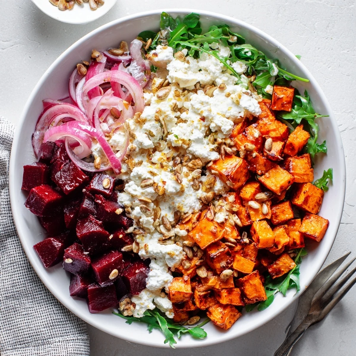 Warm Creamy Roasted Beet Salad With Sweet Potato Feta over arugula, tangy yogurt.