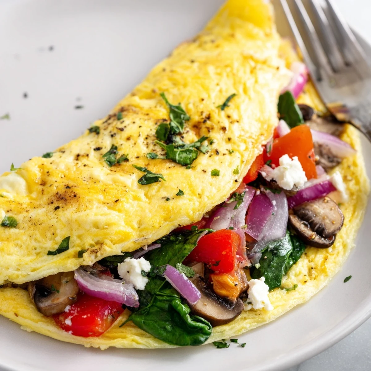 Pan-seared Egg White Omelette with Vegetables, bright cherry tomatoes and melted feta.