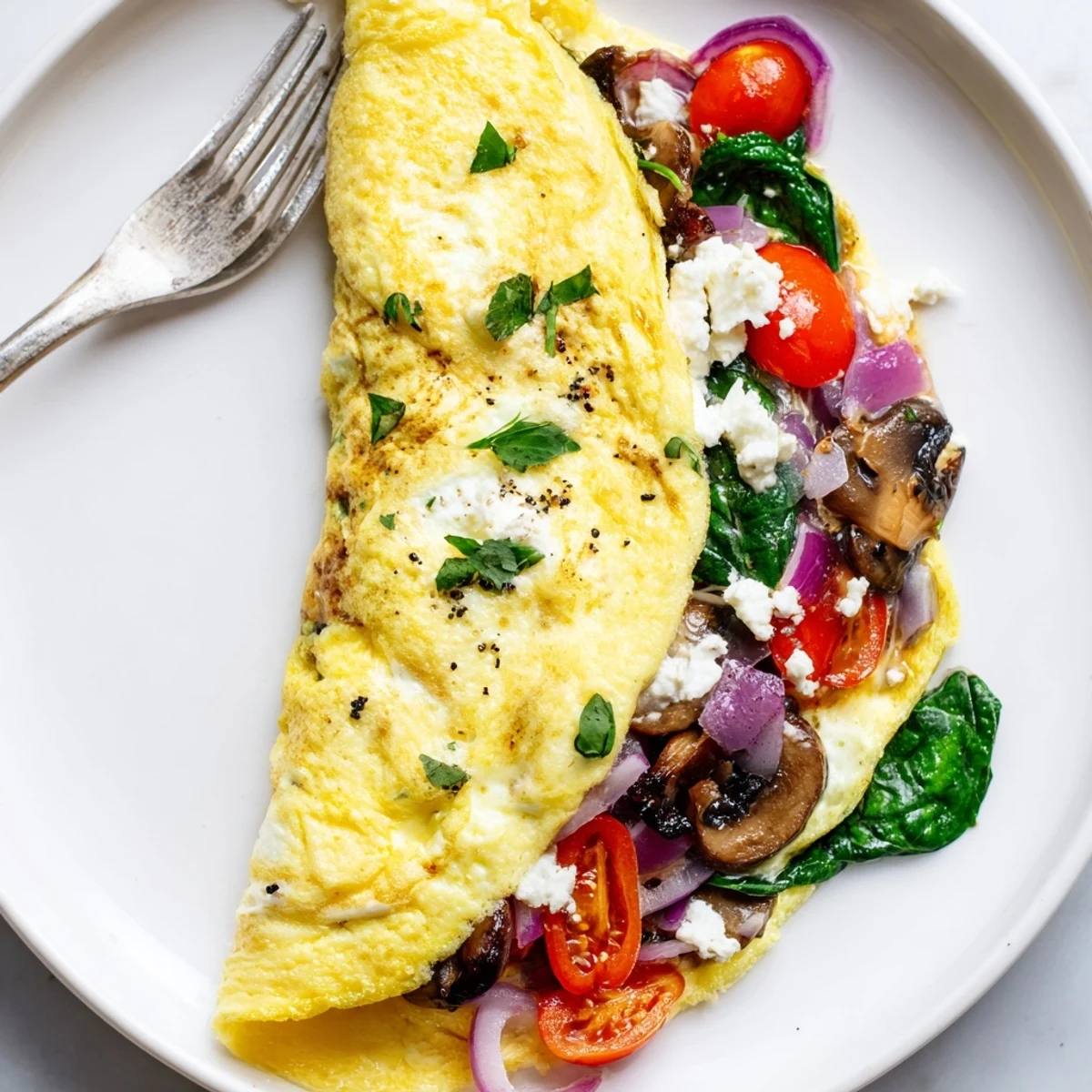Egg White Omelette with Vegetables, fluffy whites folded over sautéed peppers and spinach.