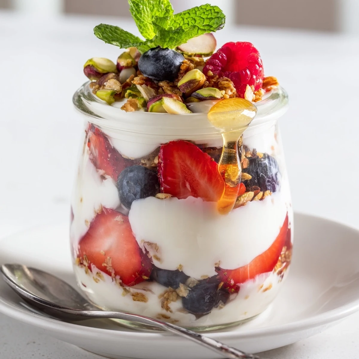 Greek Yogurt Parfait layered with vibrant berries, crunchy granola, and honey drizzle