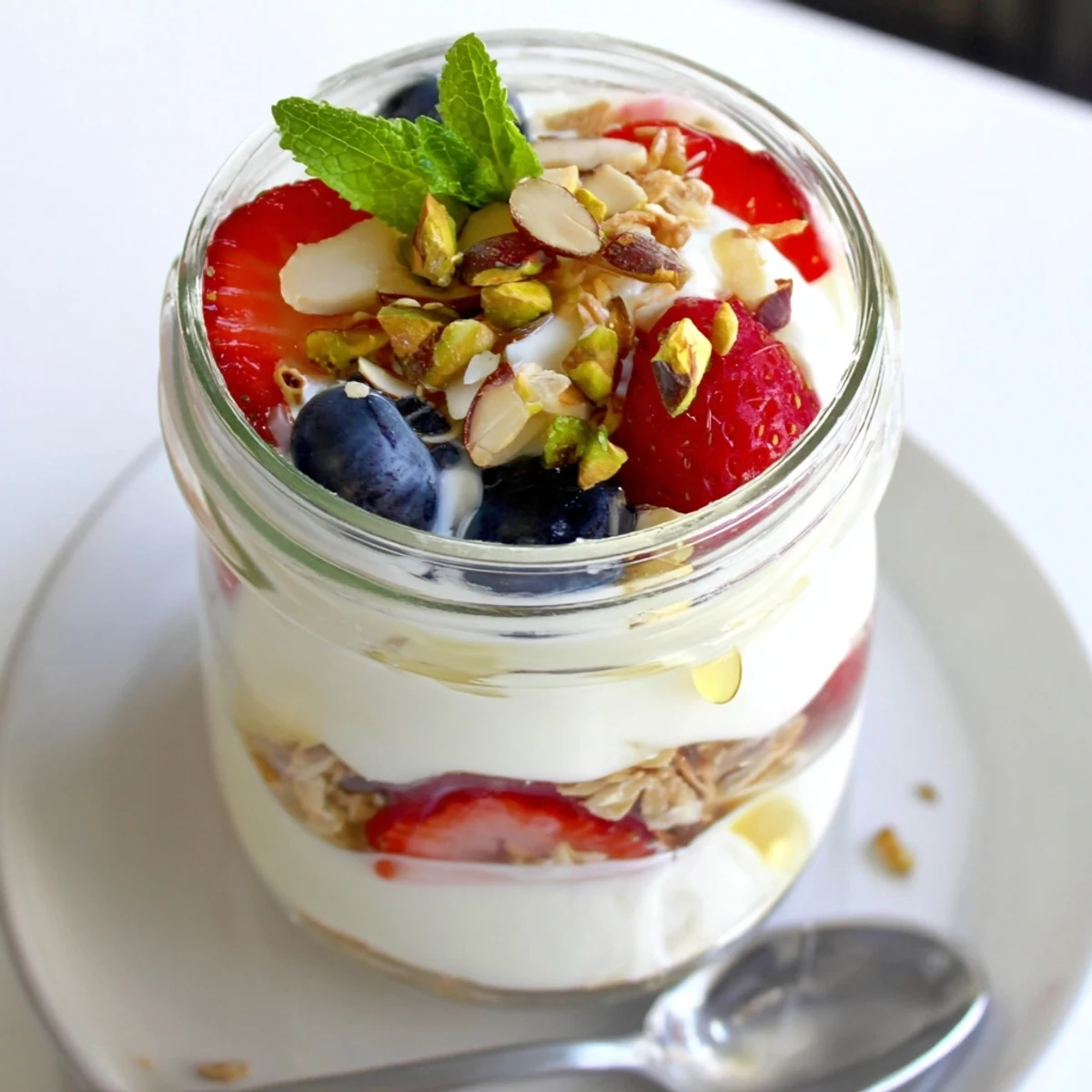 Creamy Greek Yogurt Parfait served in glass jars, topped with fresh mint