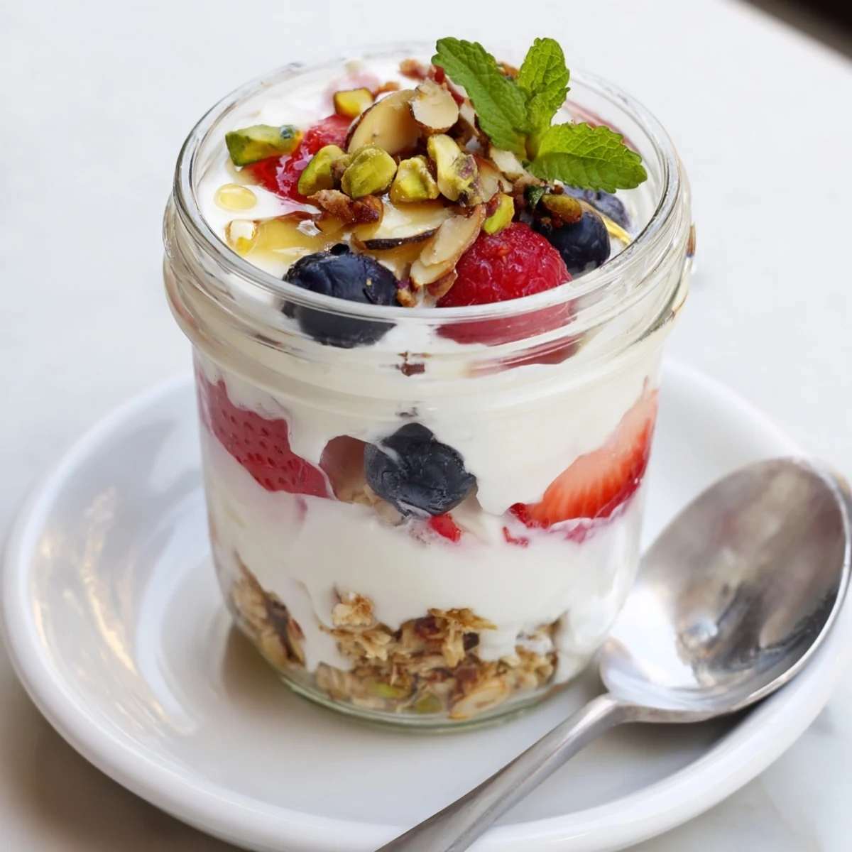 Individual Greek Yogurt Parfait cups glowing with fresh fruit and nutty crunch