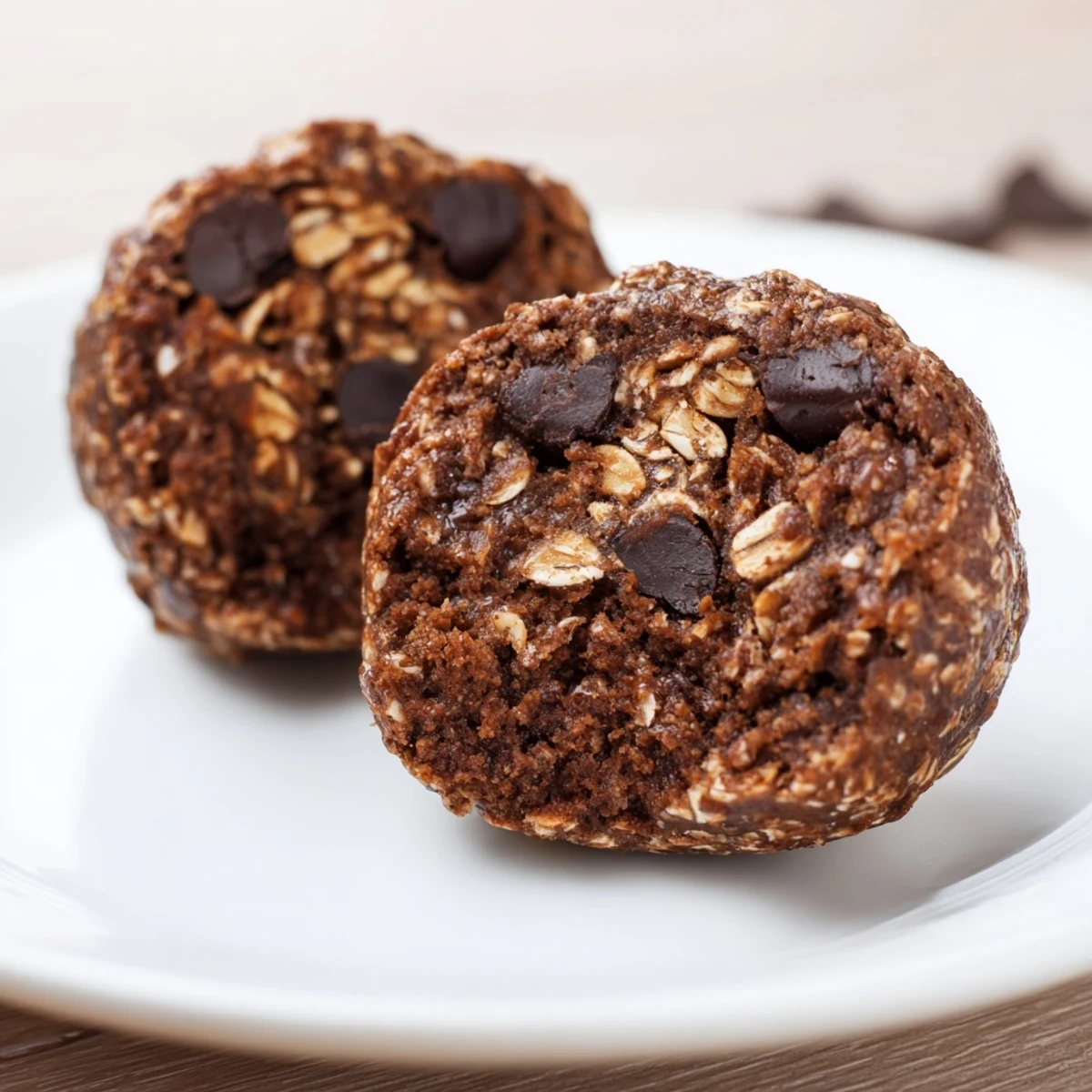 Fudgy Brownie Protein Bites on parchment, glossy chocolate chips and crumbs