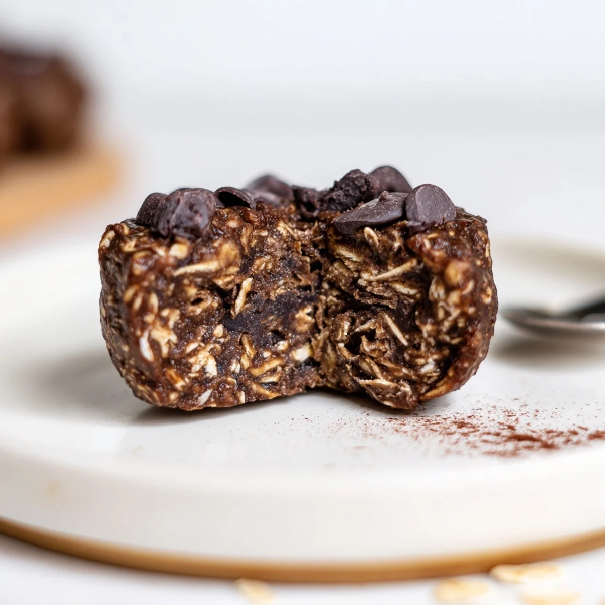Stacked Brownie Protein Bites beside a shaker bottle for post-workout snack