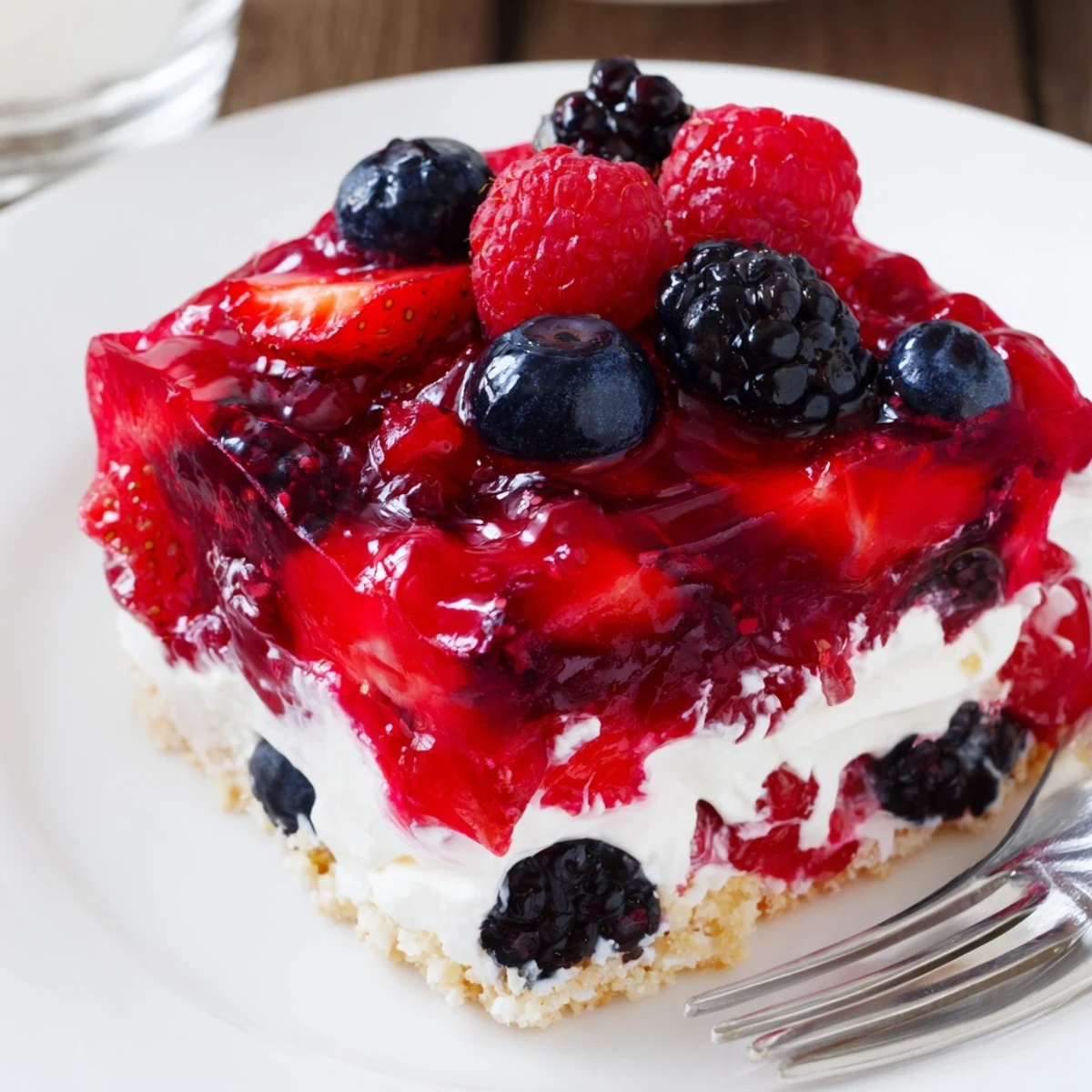 Chilled Summer Berry Jello Lasagna sliced into squares, topped with berries  