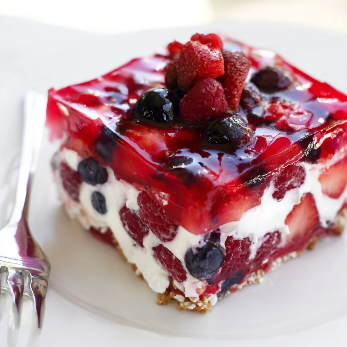 No-bake Summer Berry Jello Lasagna layered over graham crust, picnic-ready