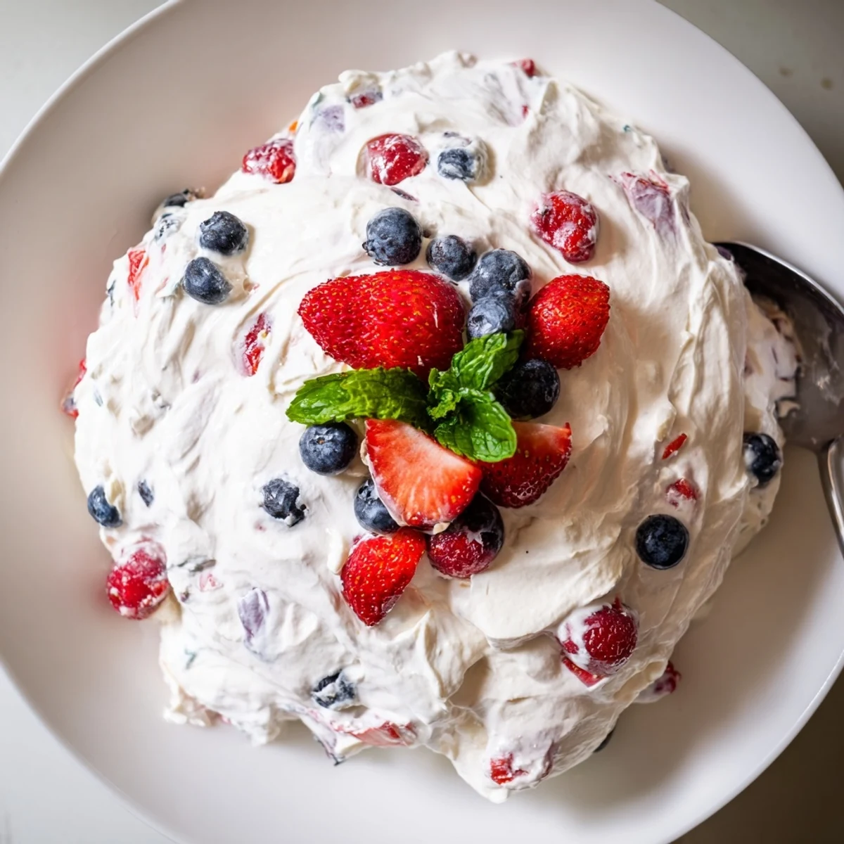 Red White Blue Cheesecake Salad piled in bowl, creamy, berry-studded summer dessert
