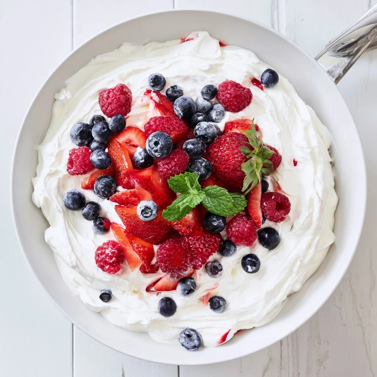 Serve Red White Blue Cheesecake Salad in clear glasses, mint garnish, patriotic centerpiece