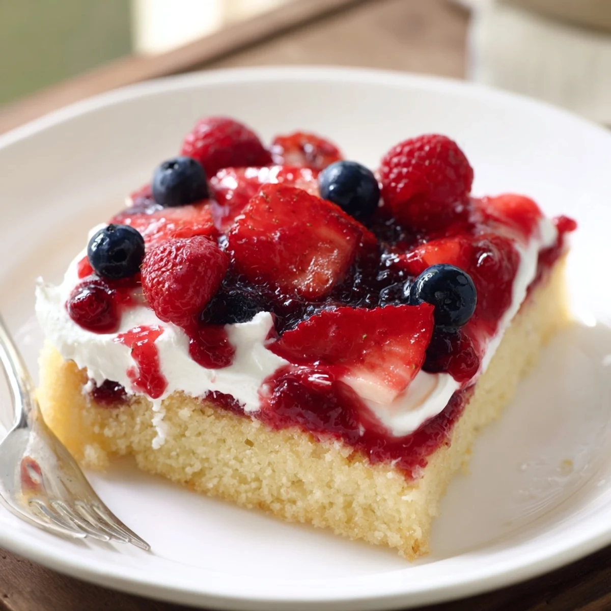 Summer Berry Poke Cake with glossy syrup soaked into tender crumbs and whipped topping