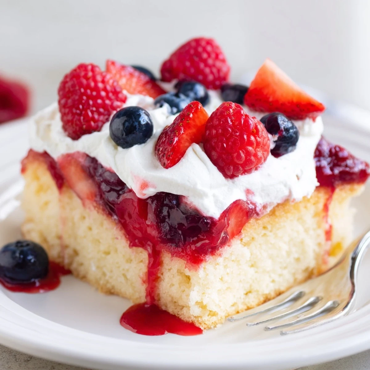 A slice of Summer Berry Poke Cake on plate, juicy berries and mint