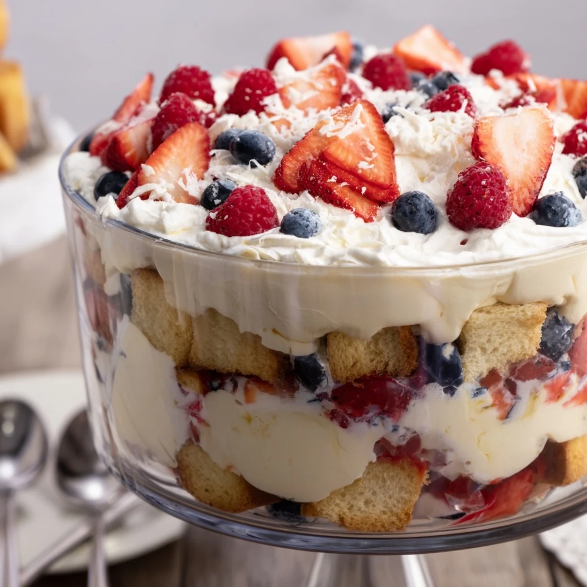 Chilled Red White And Blue Trifle layered with pound cake, vanilla pudding, berries