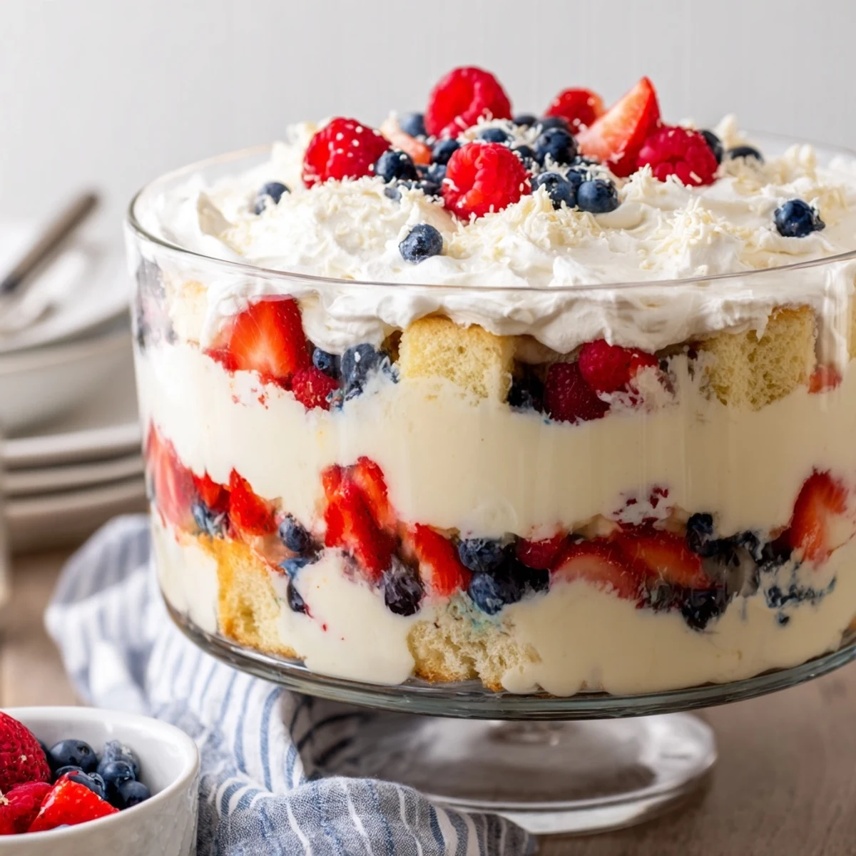 Serve Red White And Blue Trifle at summer barbecues, topped with white chocolate shavings