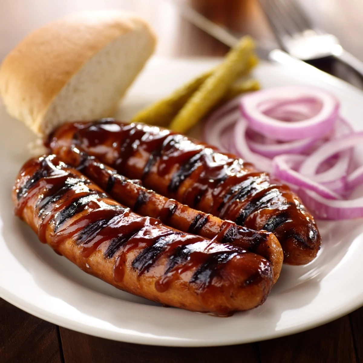 Grilled smoky links basted with sticky sauce in BBQ Sausage Recipe