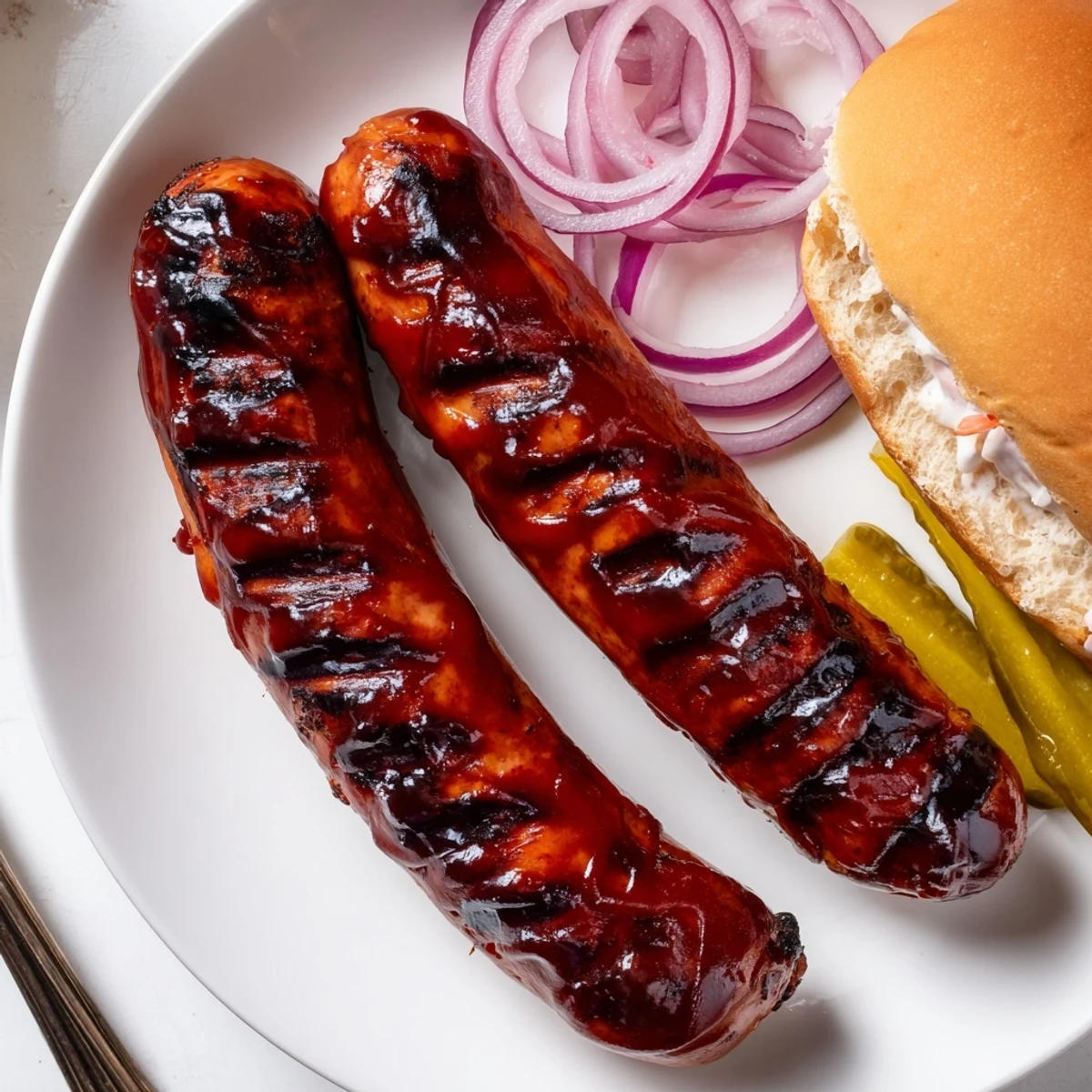 Handheld BBQ Sausage Recipe served in a toasted bun with crisp pickles