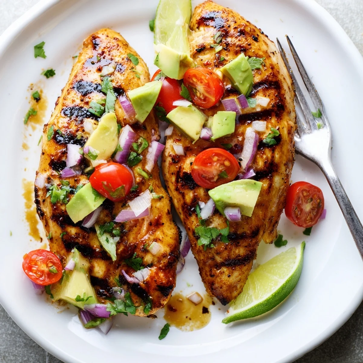 Grilled Fiesta Lime Chicken With Avocado topped with bright cilantro and lime.
