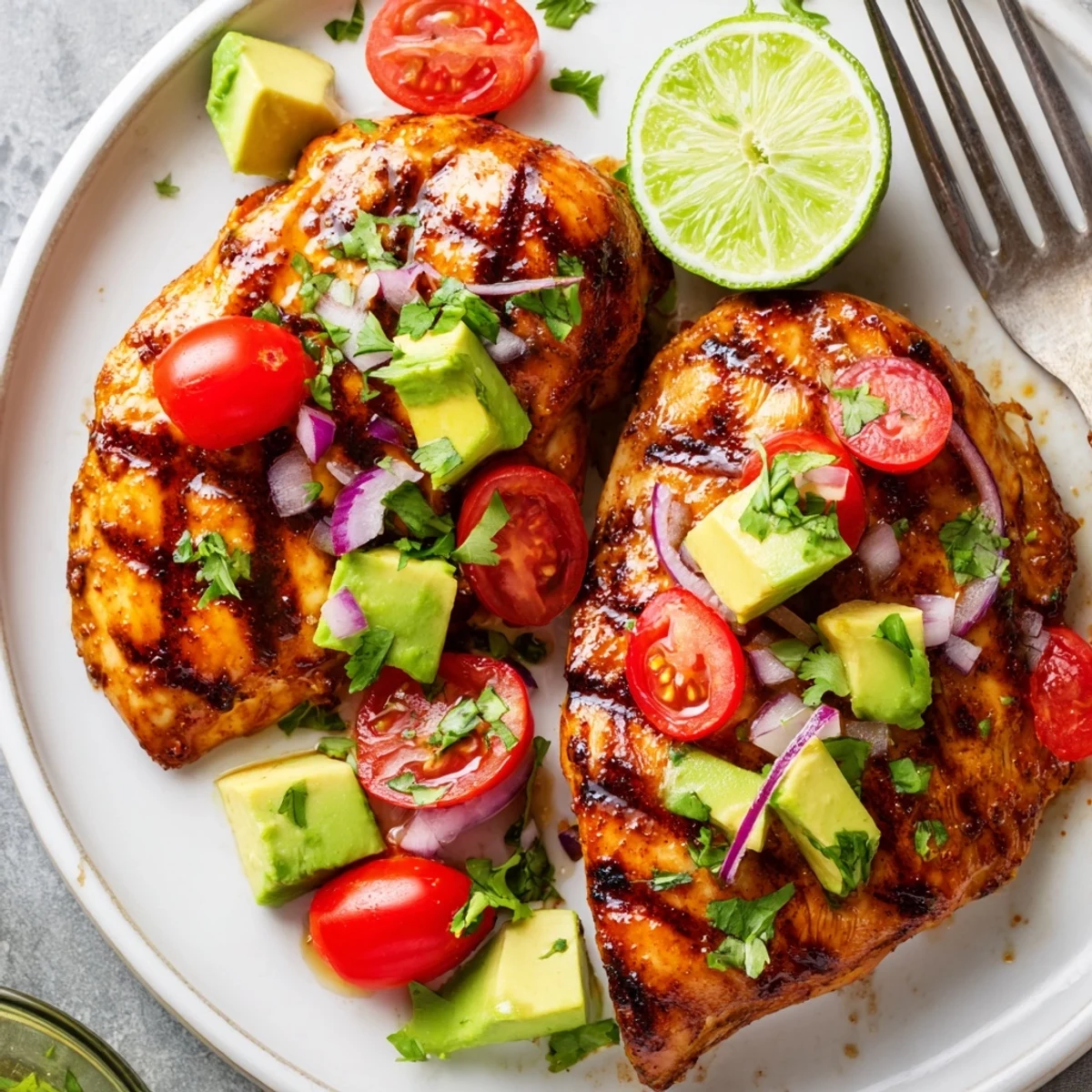 Charred Fiesta Lime Chicken With Avocado finished with creamy cilantro-lime salsa.