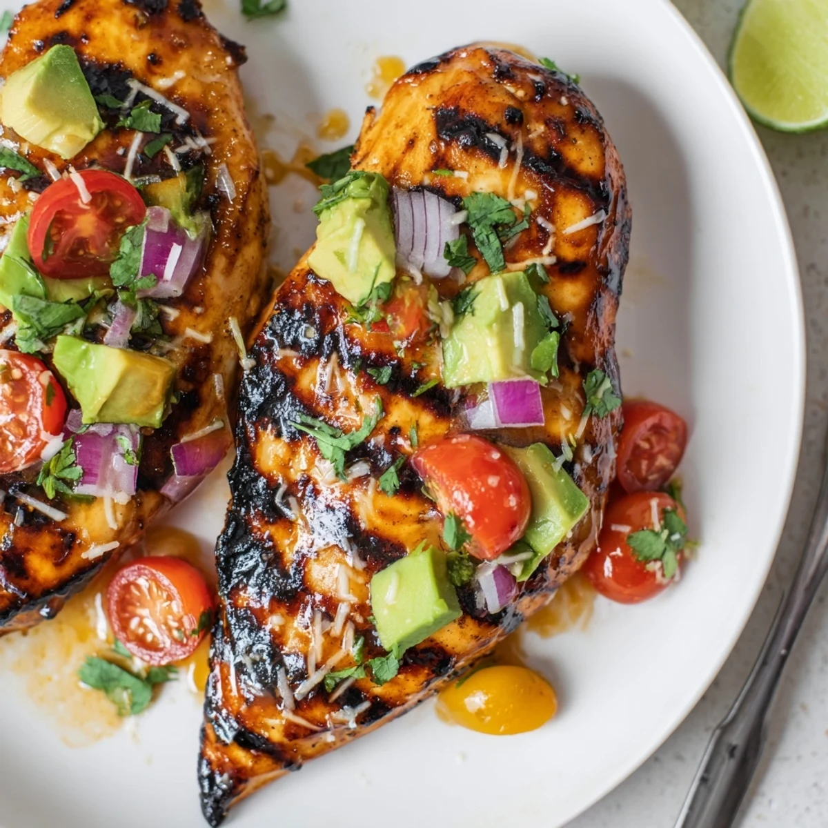 Zesty Fiesta Lime Chicken With Avocado served over warm tortillas and rice.