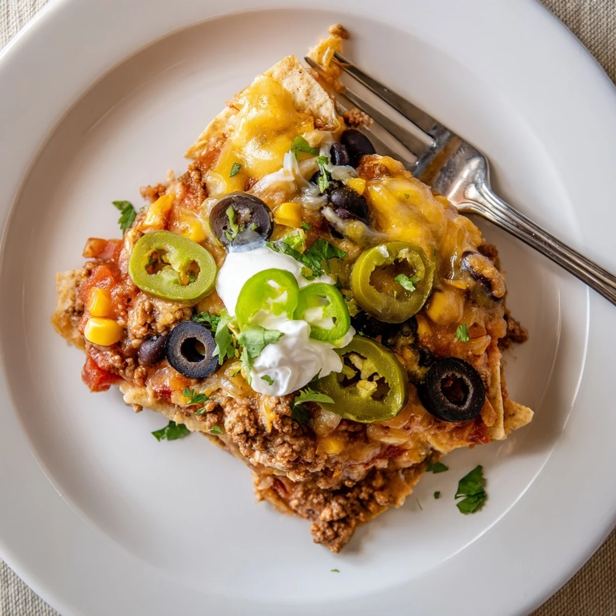 Cheesy Nacho Casserole bubbling golden with melted cheese, cilantro, jalapeño garnish