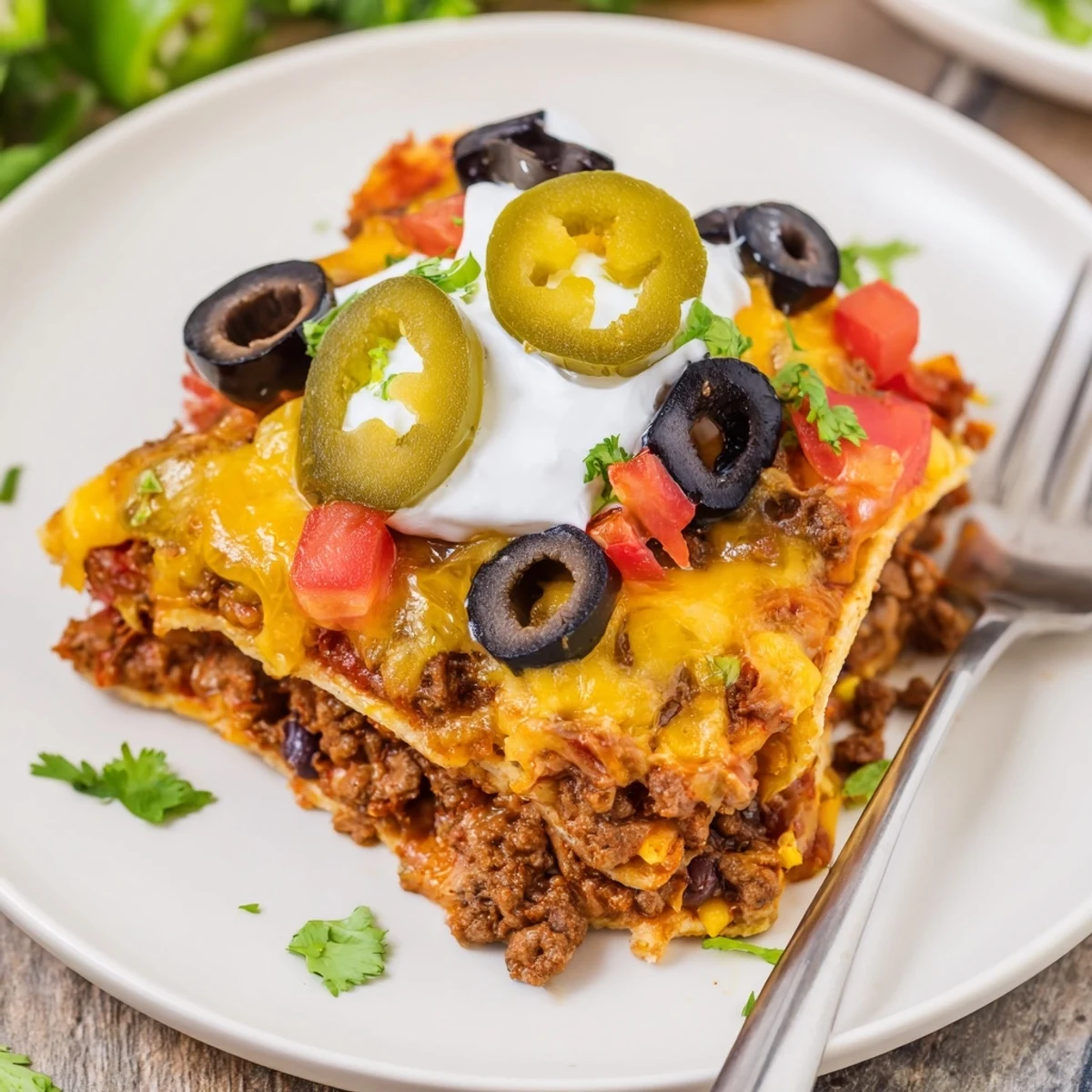 Warm Cheesy Nacho Casserole layered with seasoned beef, crunchy chips, tangy salsa
