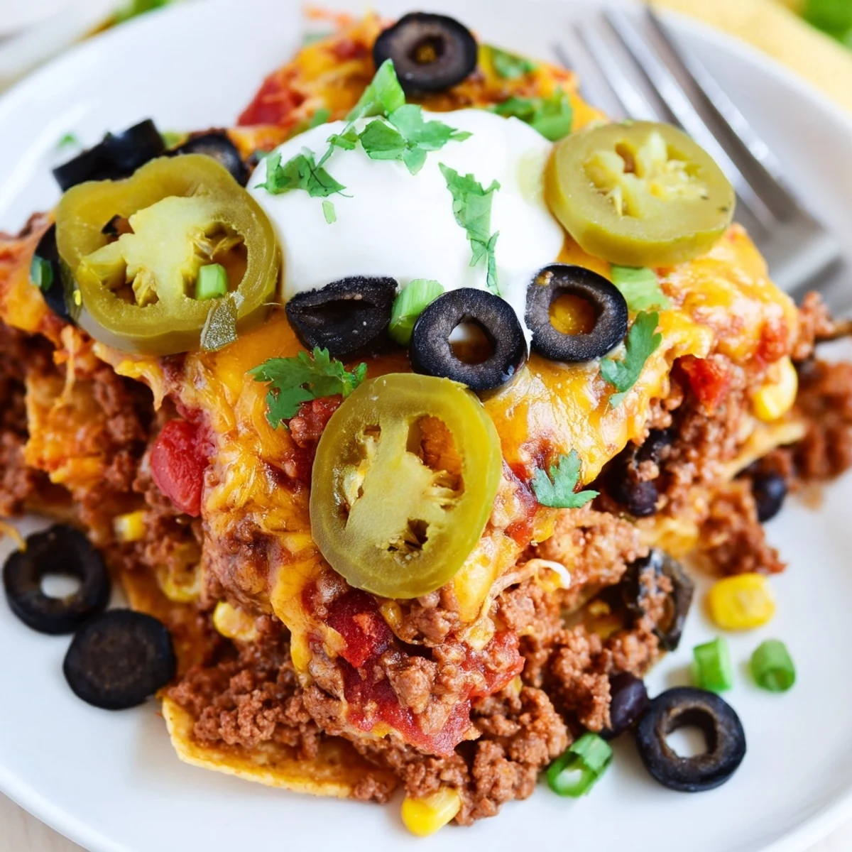 Family-style Cheesy Nacho Casserole served hot with sour cream, green onions