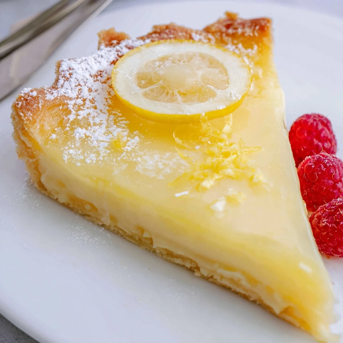 Creamy Lemon Tart with silky filling and crisp buttery crust, dusted with powdered sugar
