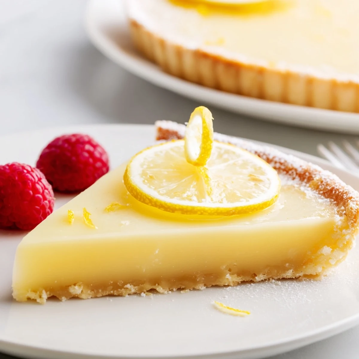 A slice of Creamy Lemon Tart revealing tangy, silky custard and golden crust