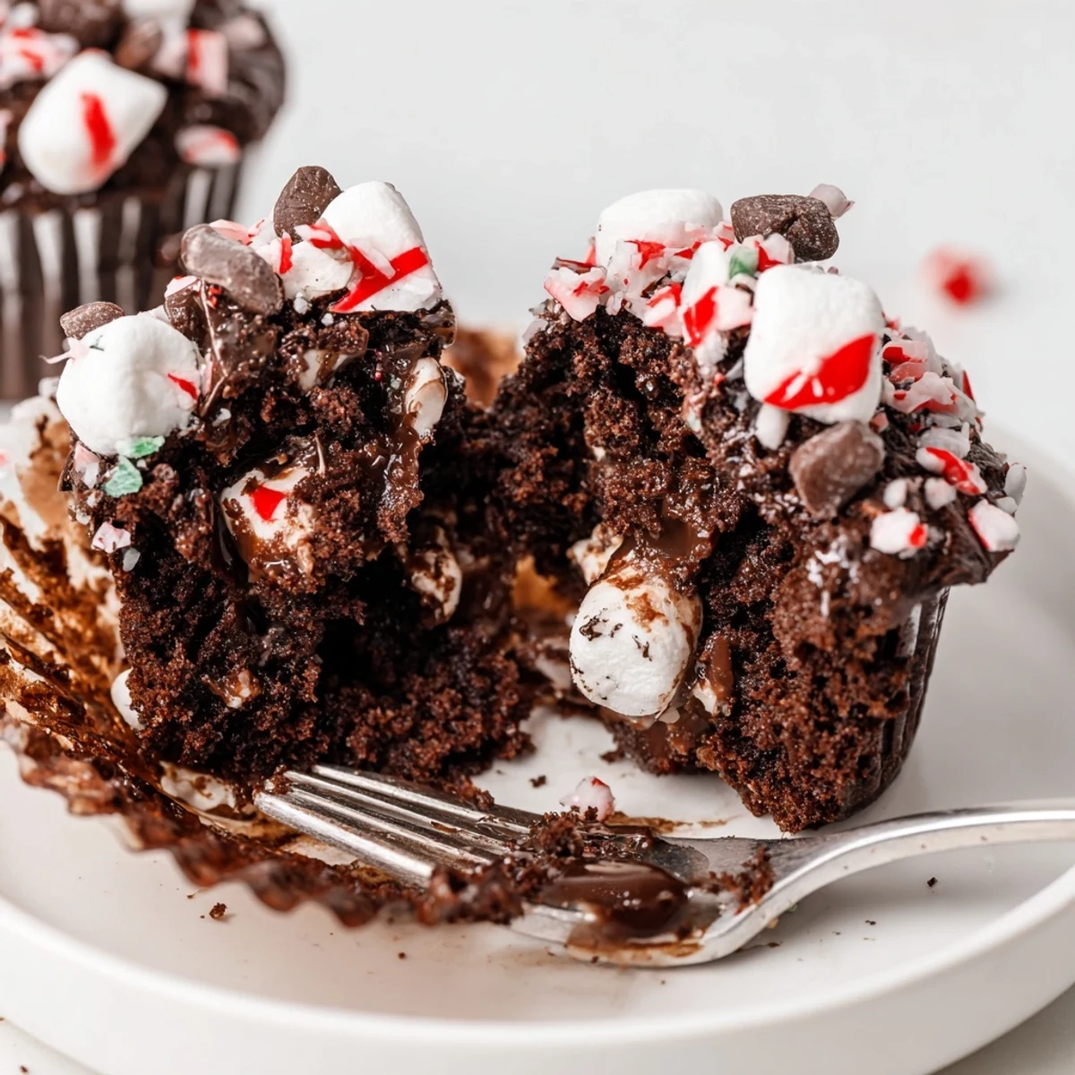 Peppermint Hot Chocolate Muffins topped with crushed candy, perfect alongside hot cocoa