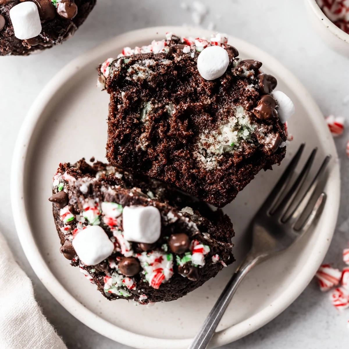 Freshly baked Peppermint Hot Chocolate Muffins cooling on a wire rack, aromatic