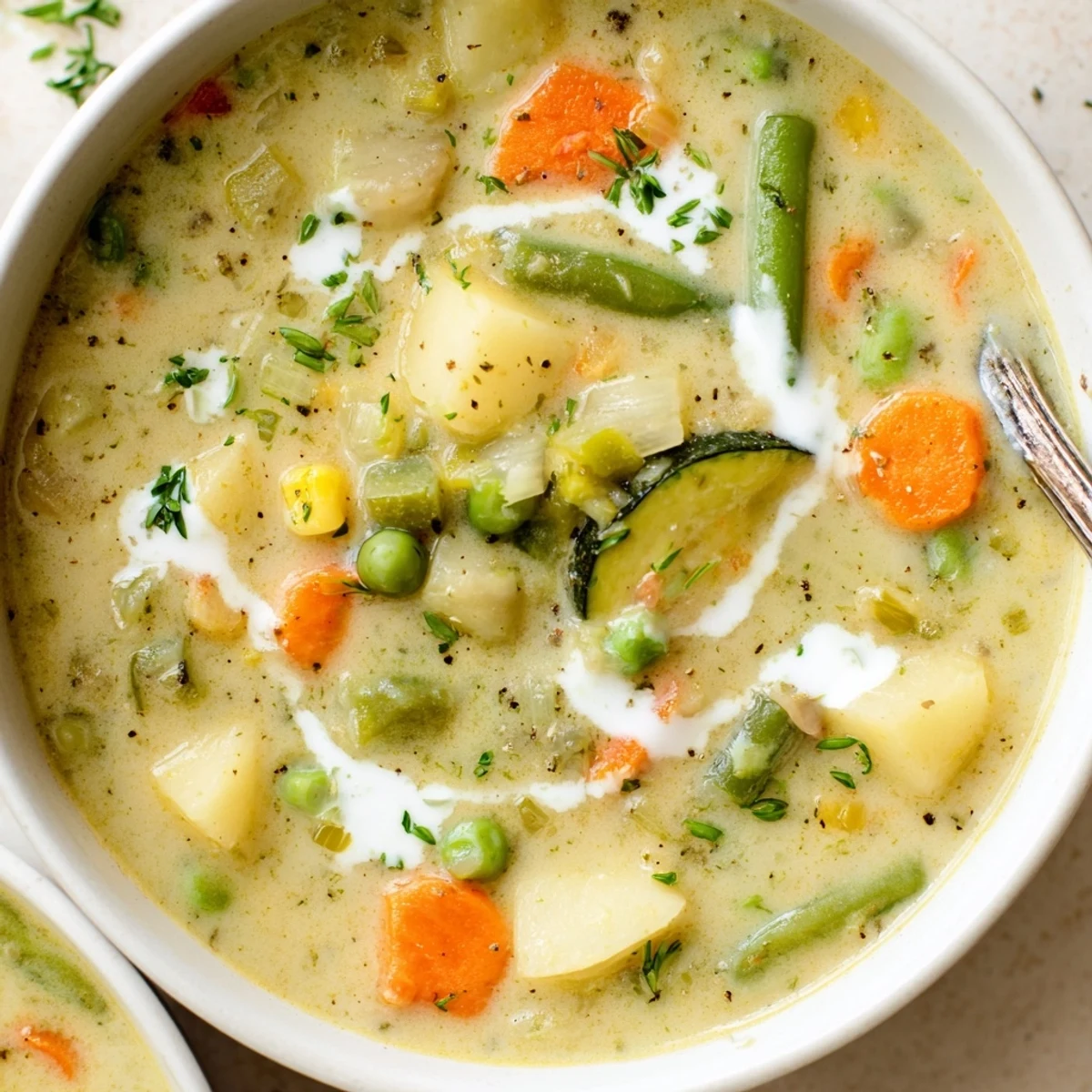 Hearty Creamy Vegetable Soup Recipe steaming in white bowl, carrots visible