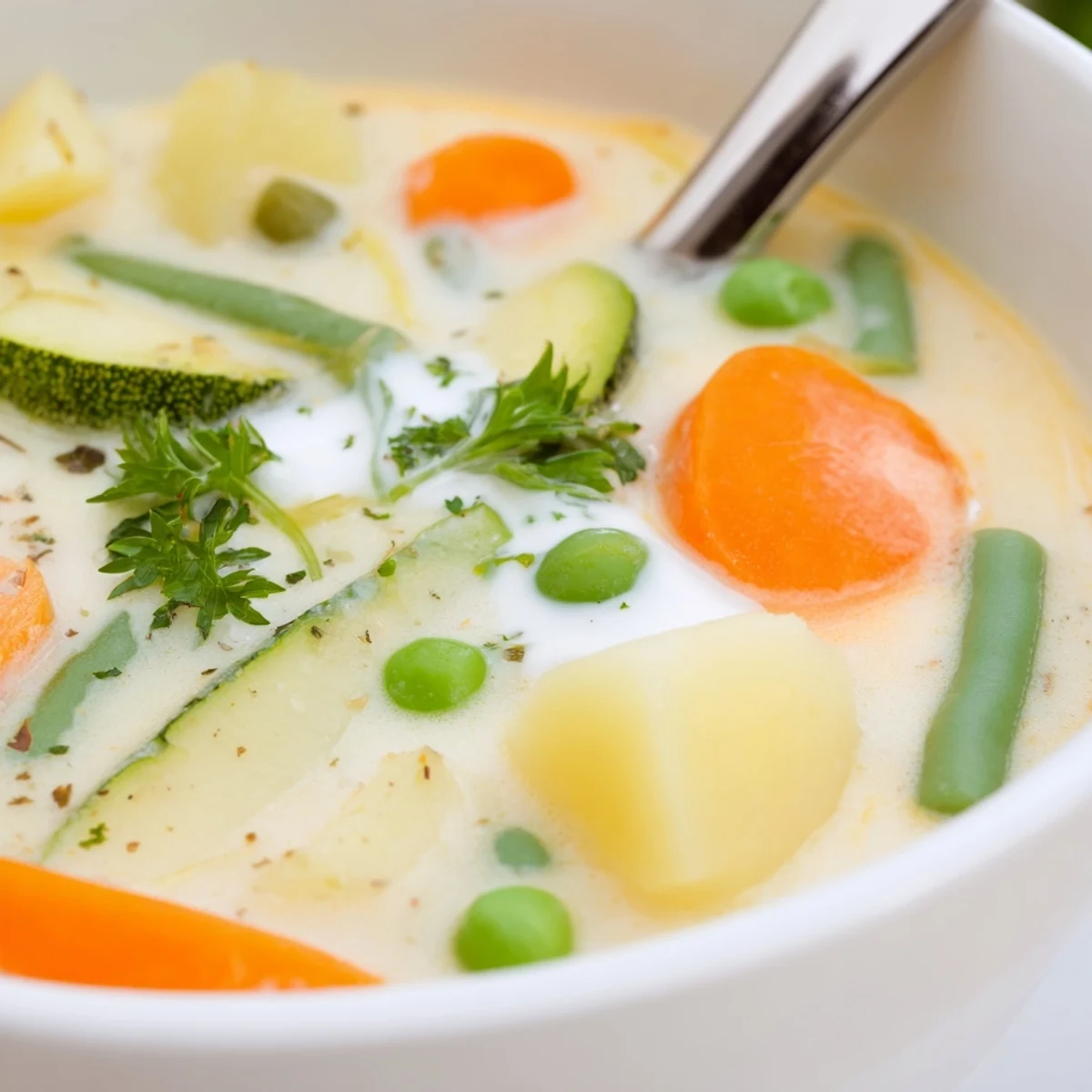 Bowl of Creamy Vegetable Soup Recipe, thick texture, served with crusty bread