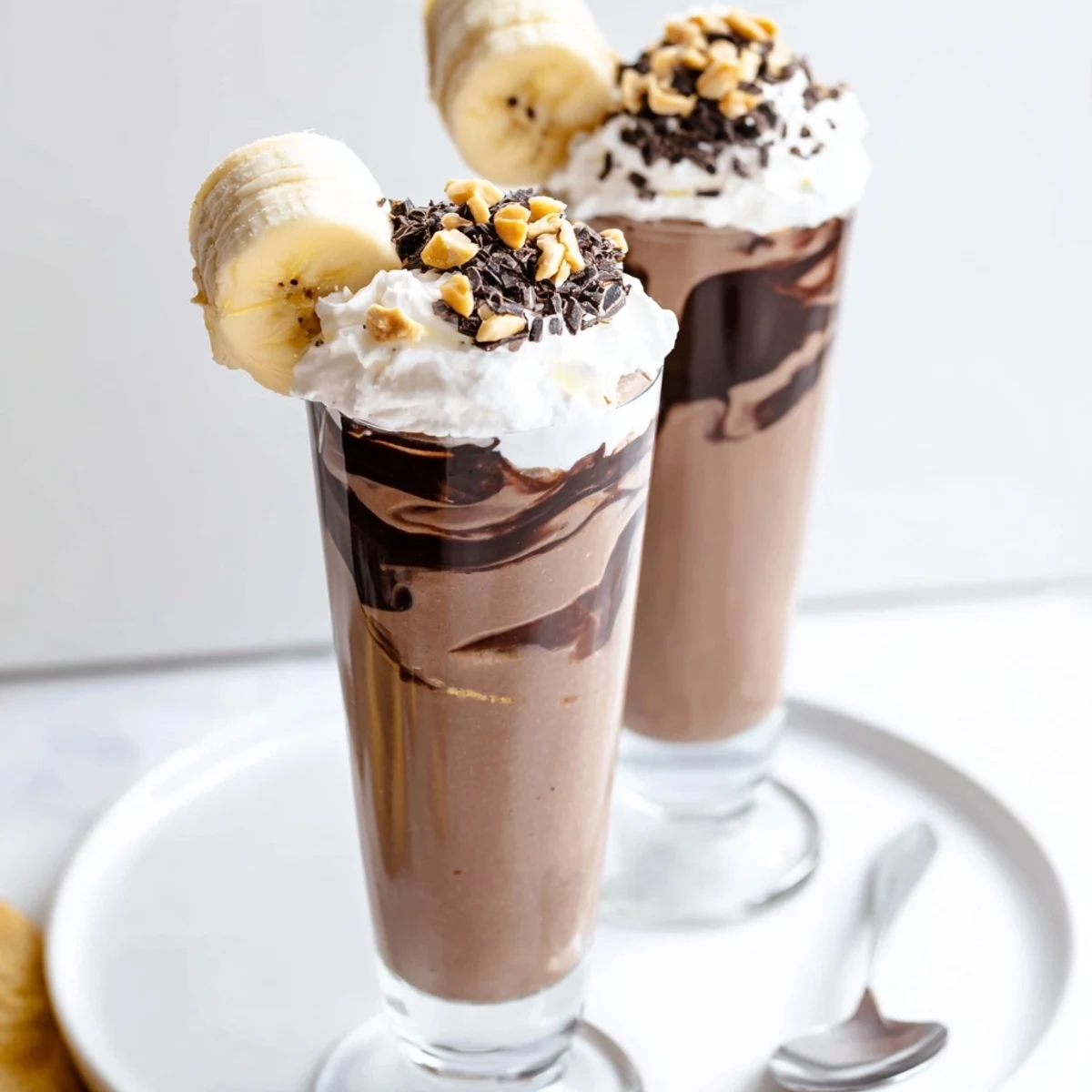 Creamy Chocolate Peanut Butter Smoothie topped with whipped cream and chocolate shavings