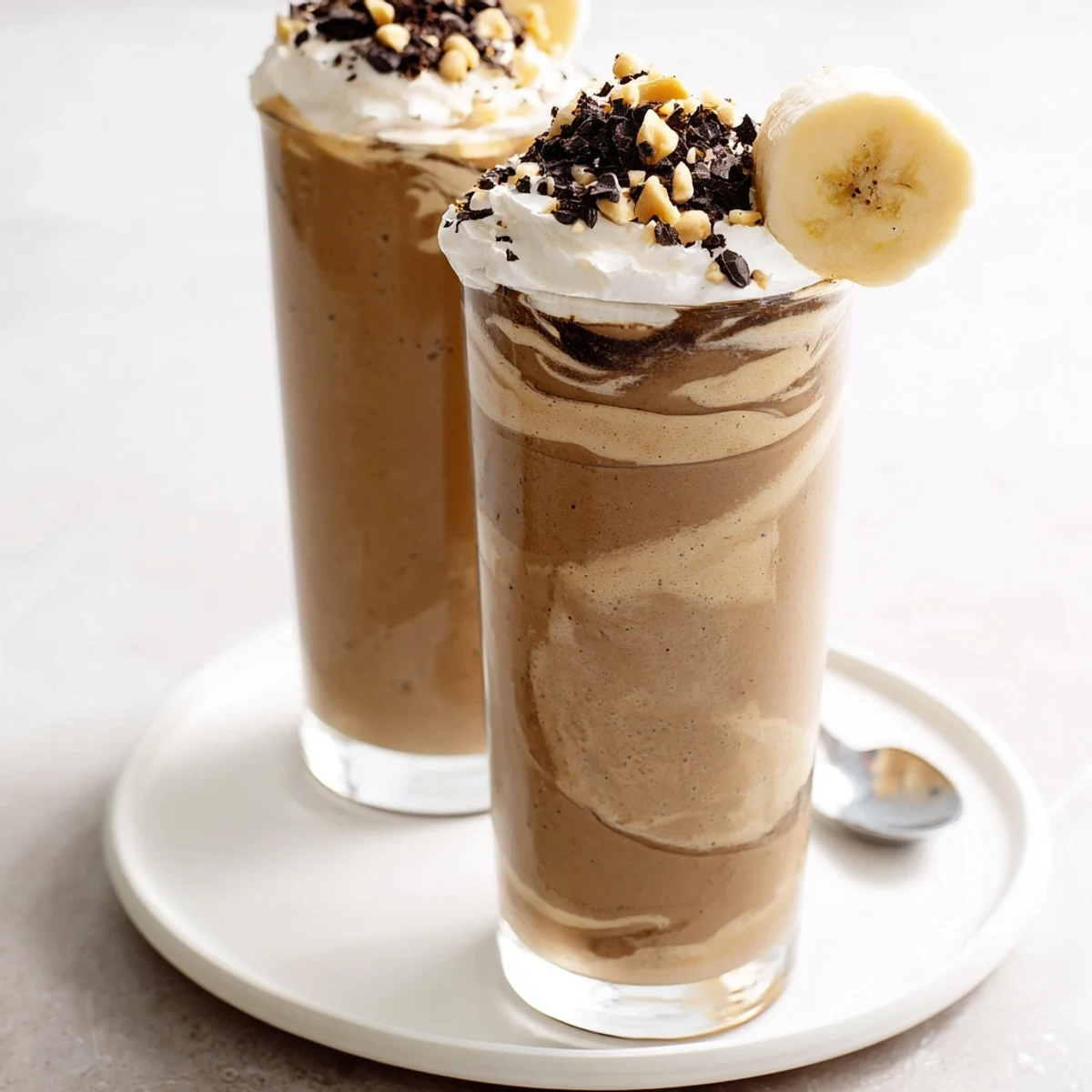 Thick Chocolate Peanut Butter Smoothie in glass, garnished with crushed peanuts