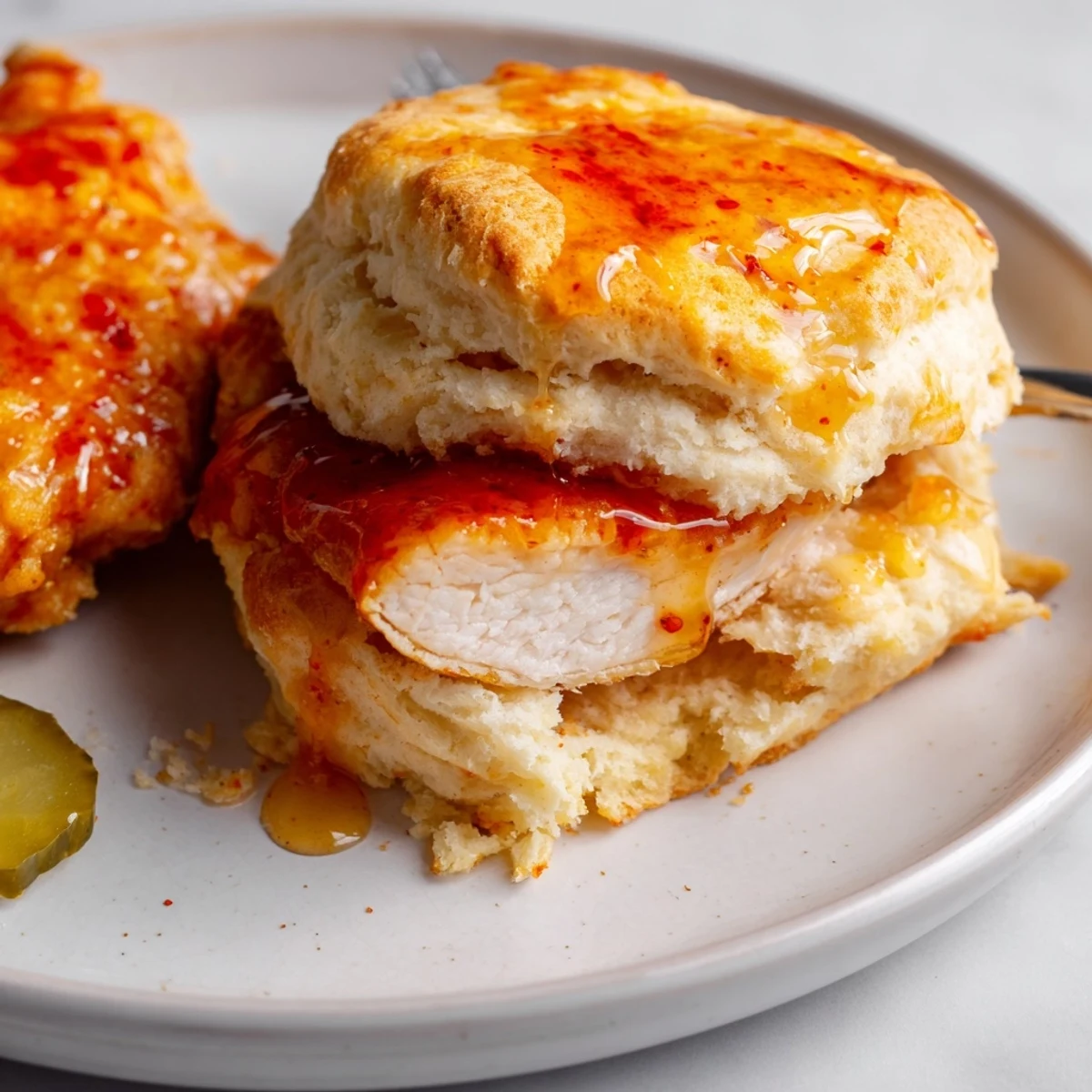 Hot Honey Chicken Biscuits with crispy fried chicken and sticky spicy honey