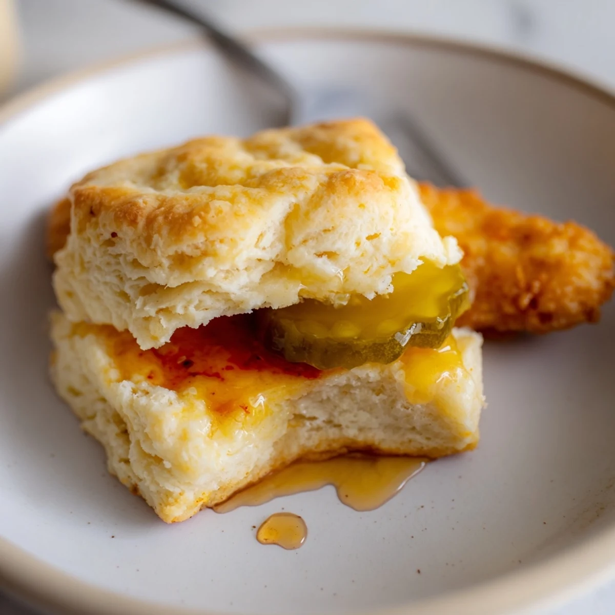 Plated Hot Honey Chicken Biscuits drizzled with smoky honey, ideal for weekend brunch
