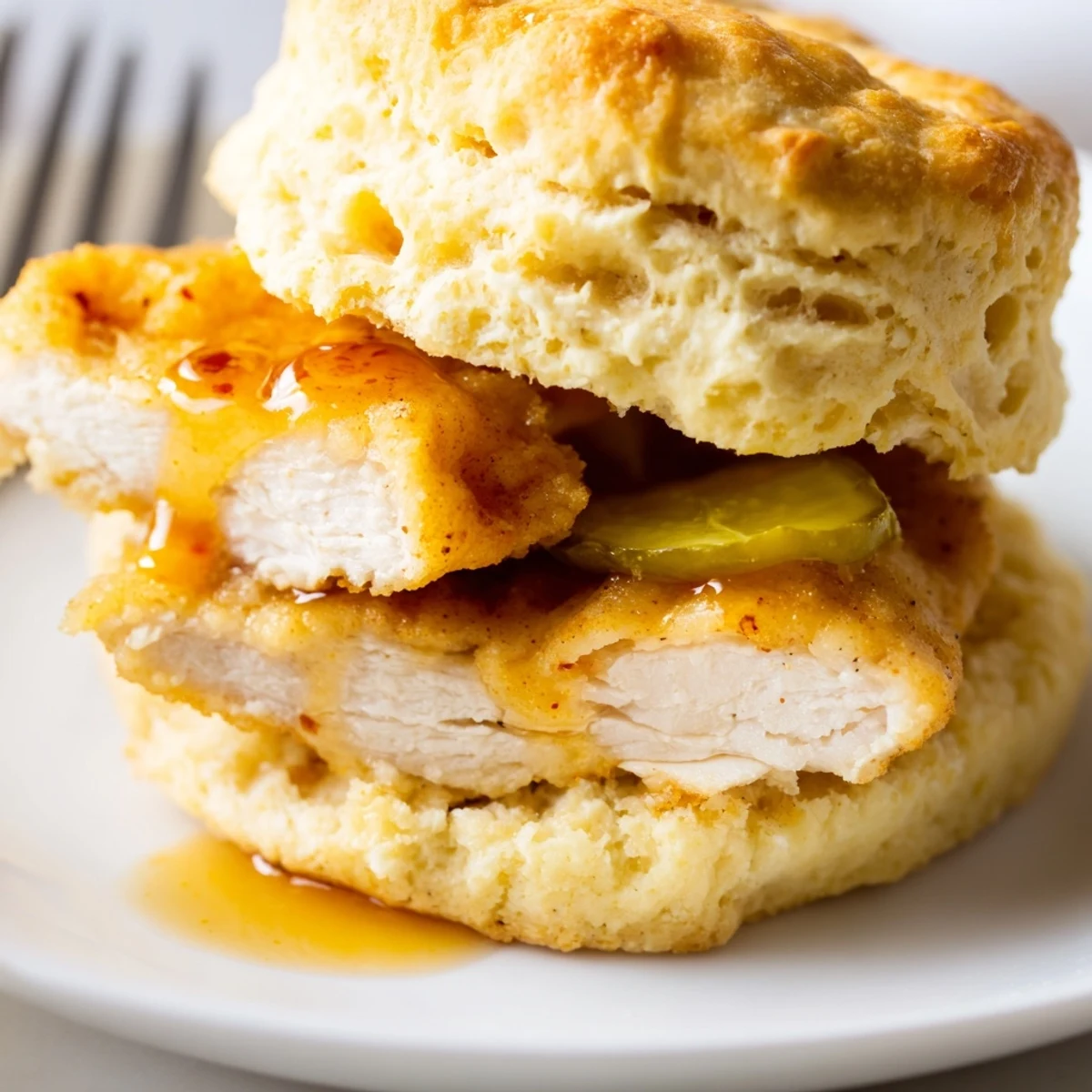 Warm Hot Honey Chicken Biscuits split open, flaky buttermilk layers and tangy pickles