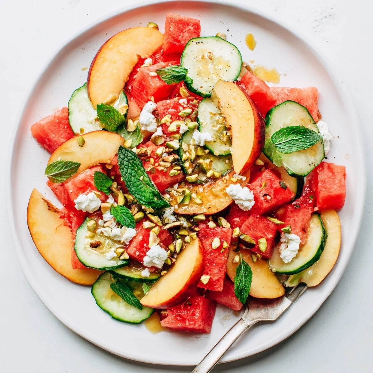 Summer Peach Watermelon Salad piled in a bowl, juicy, fragrant, honey lime sheen
