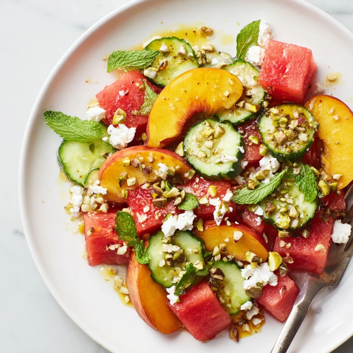 Bright Summer Peach Watermelon Salad tossed with mint, feta, and crisp cucumber