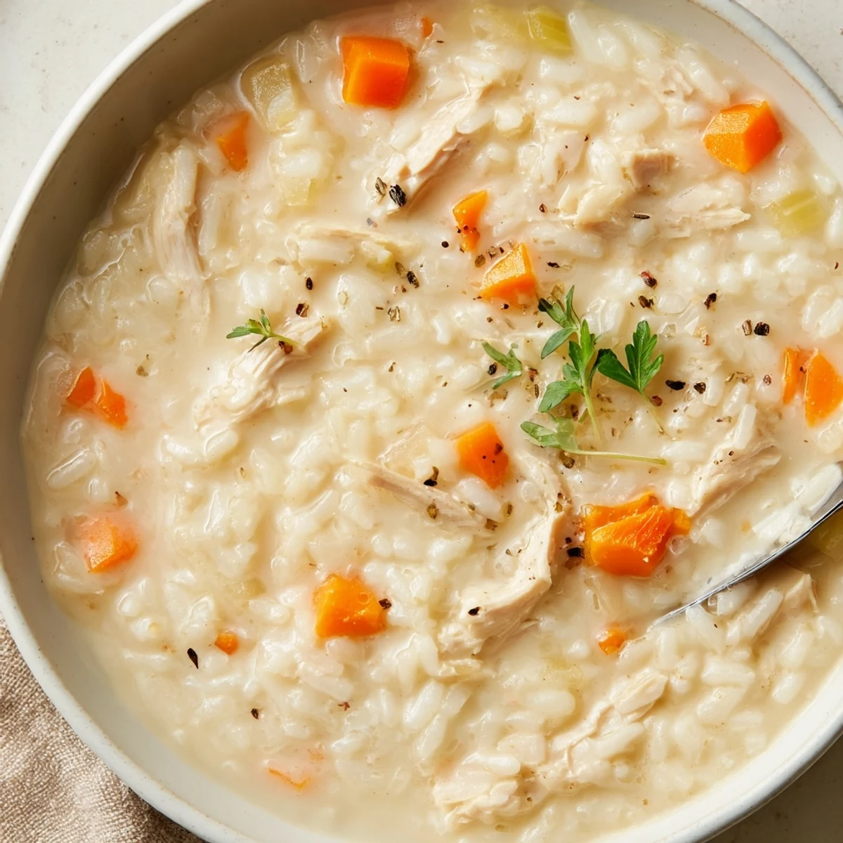 Creamy Chicken Rice Soup steaming in bowl, tender rice and silky broth  