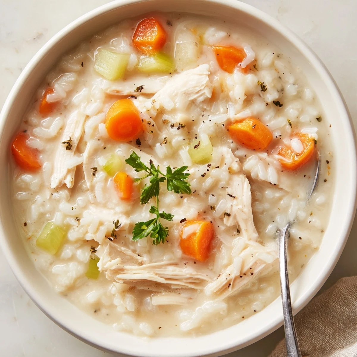 Bowl of Creamy Chicken Rice Soup garnished with parsley, served with bread  