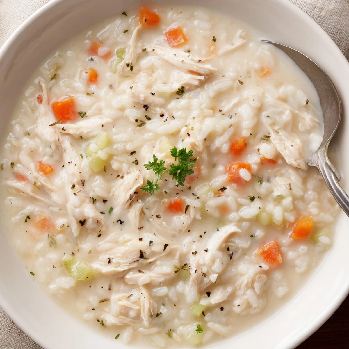 Spoon lifting Creamy Chicken Rice Soup, thick velvety broth with shredded chicken