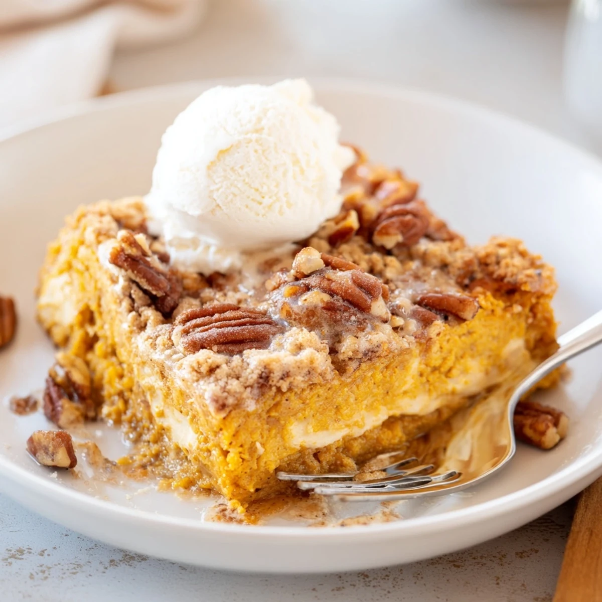 Warm Pumpkin Dump Cake with golden pecan topping, steam and cinnamon aroma