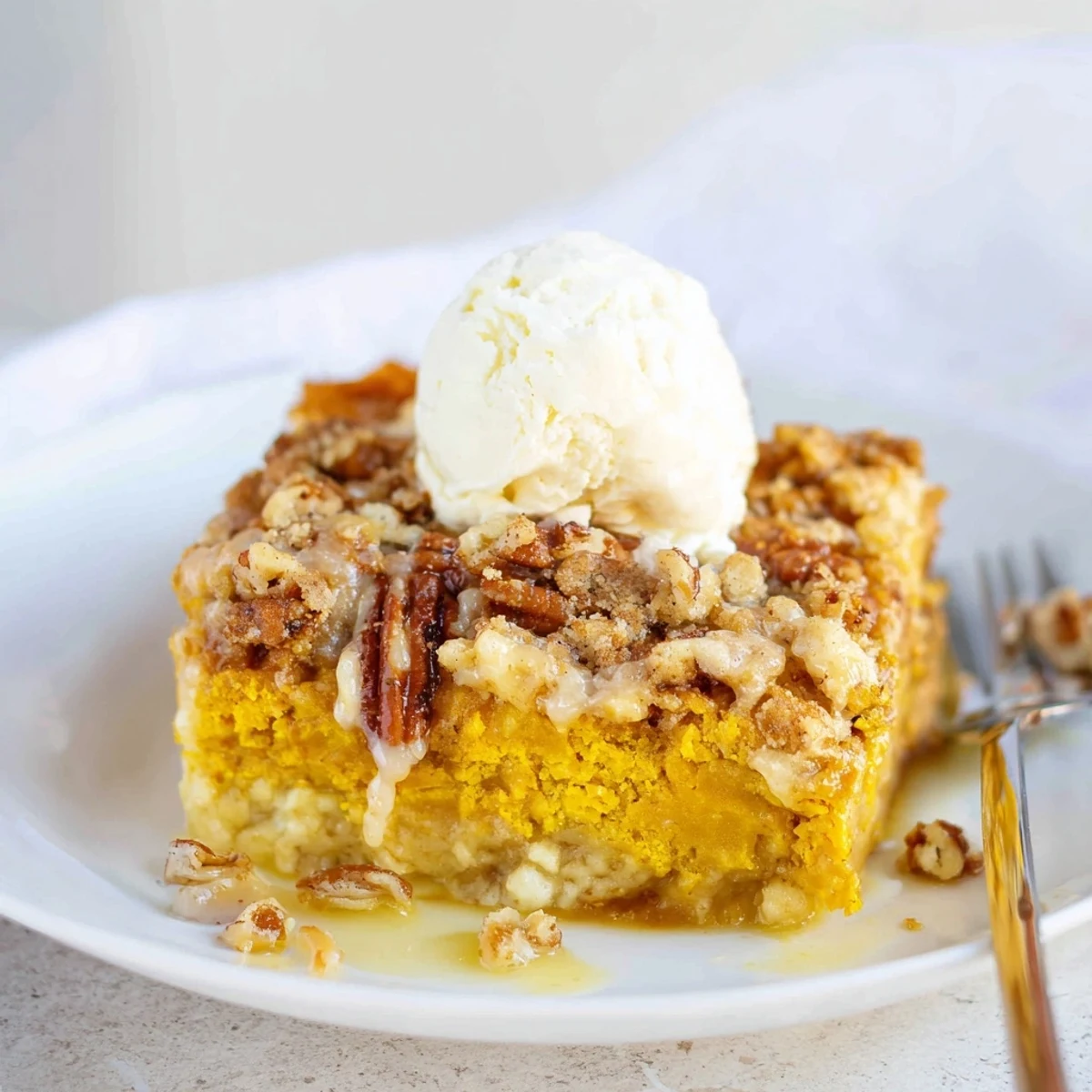 Slice of Pumpkin Dump Cake served with melting vanilla ice cream and fork