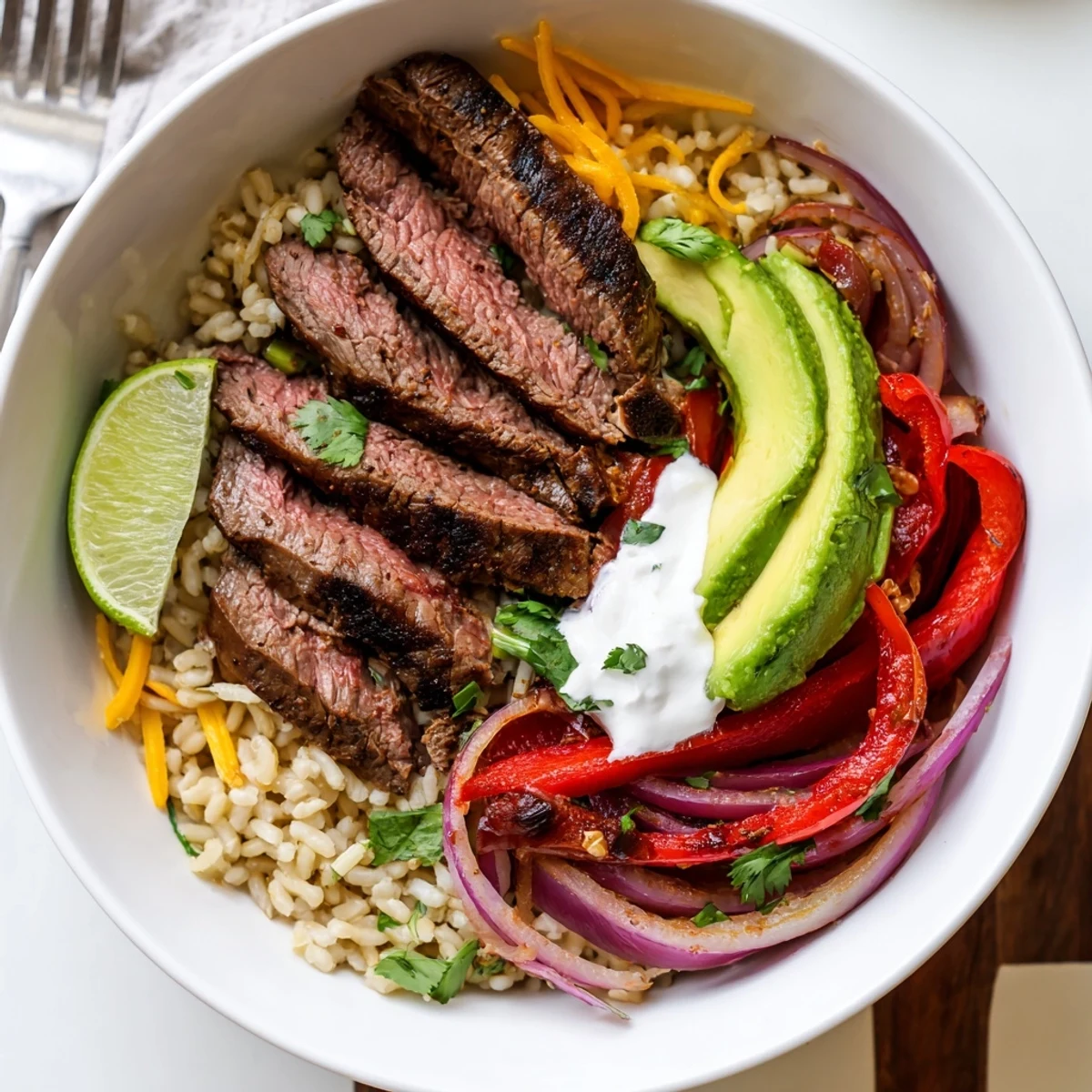 Overhead bowl of Steak Fajita Power Bowls: tender steak, avocado, cilantro