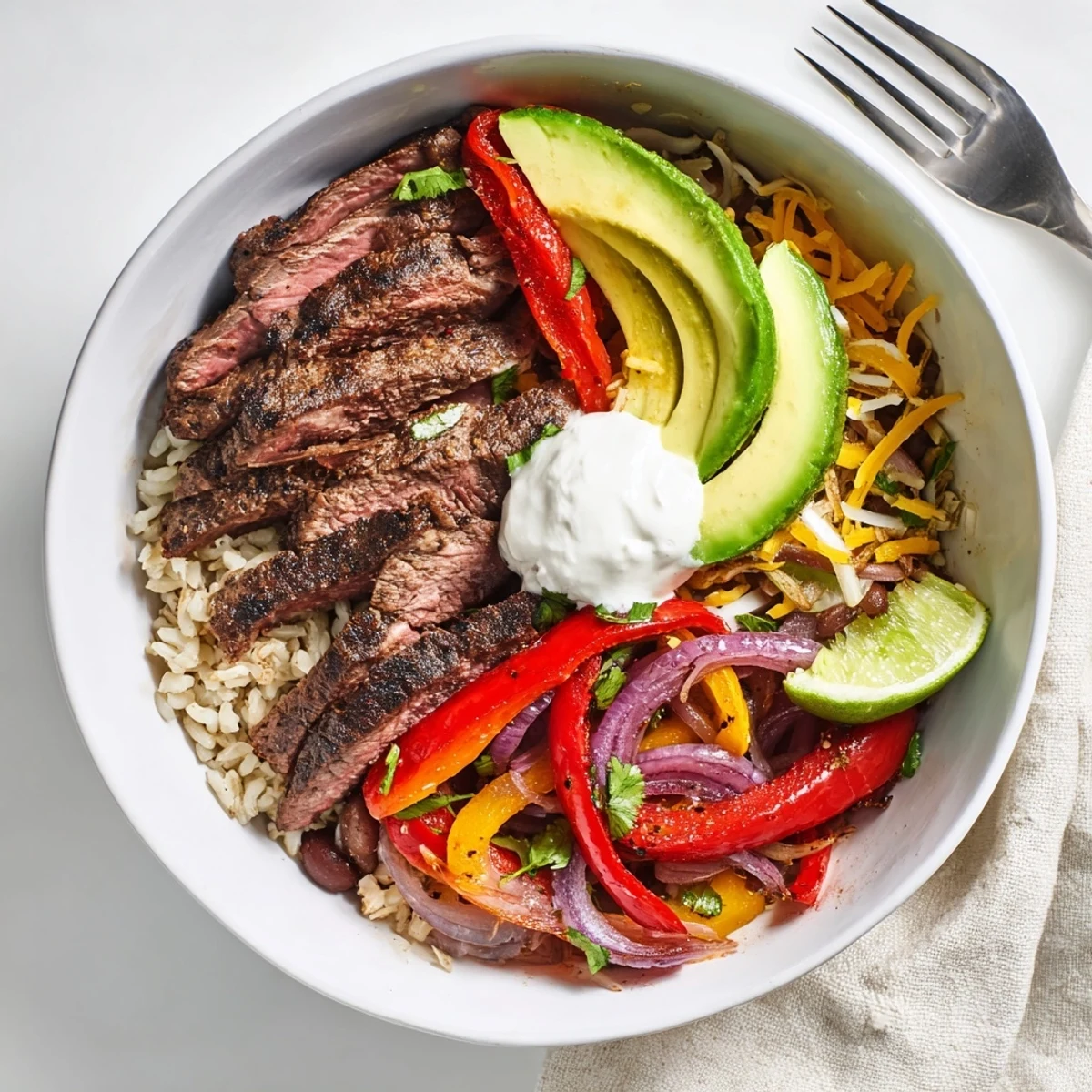 Family-style Steak Fajita Power Bowls served warm with rice, beans, cheese