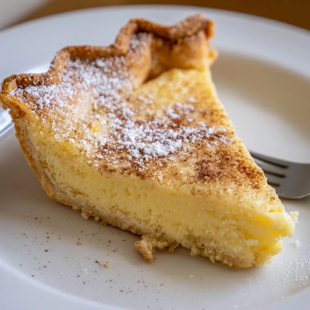 Sliced Christmas Eve Custard Pie With Cinnamon Vanilla served with whipped cream  